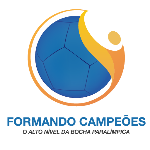 Logo da Formando Campeões: bola de bocha azul com um atleta estilizado em laranja e dourado